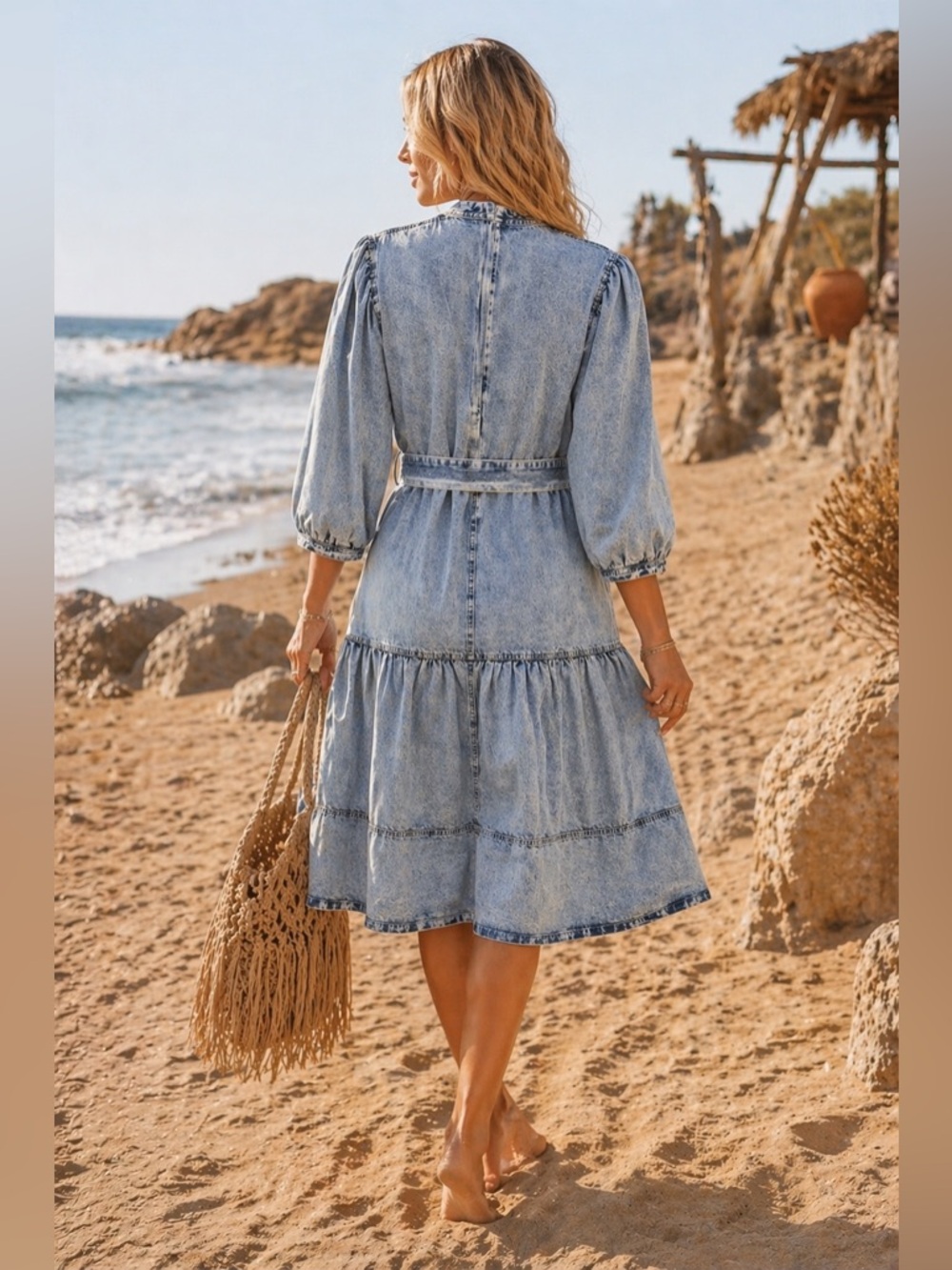 Front Row by Sara & Goldy Boho Denim Belted Midi Dress – Tiered | Puff Sleeve - Picture 6 of 12